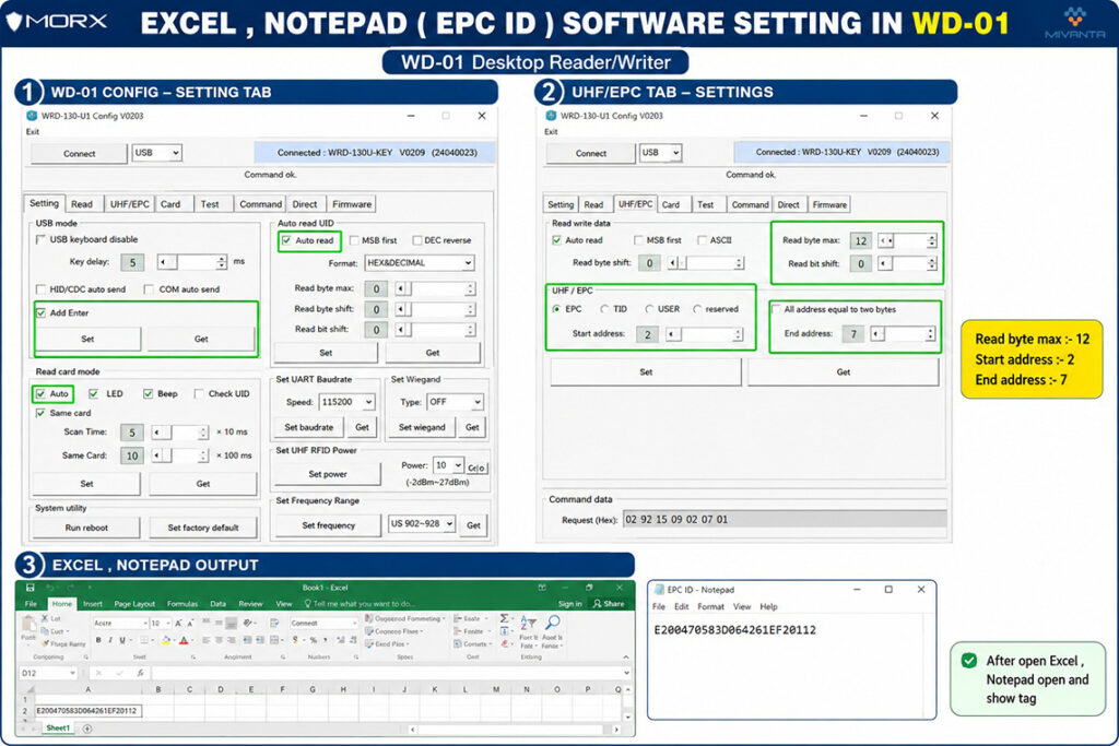 WD 01 Desktop RFID ReaderWriter – Excel Notepad EPC Output Configuration