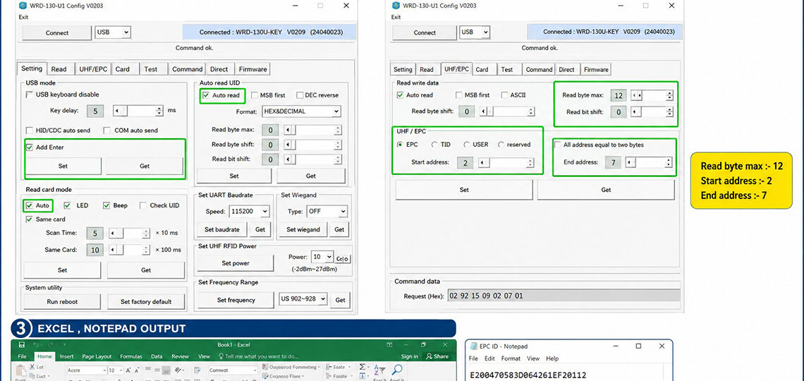 WD 01 Desktop RFID ReaderWriter – Excel Notepad EPC Output Configuration