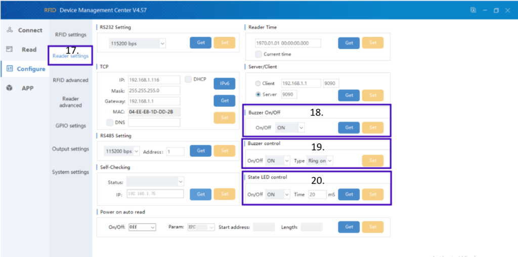 Configure RS232 & Buzzer Settings