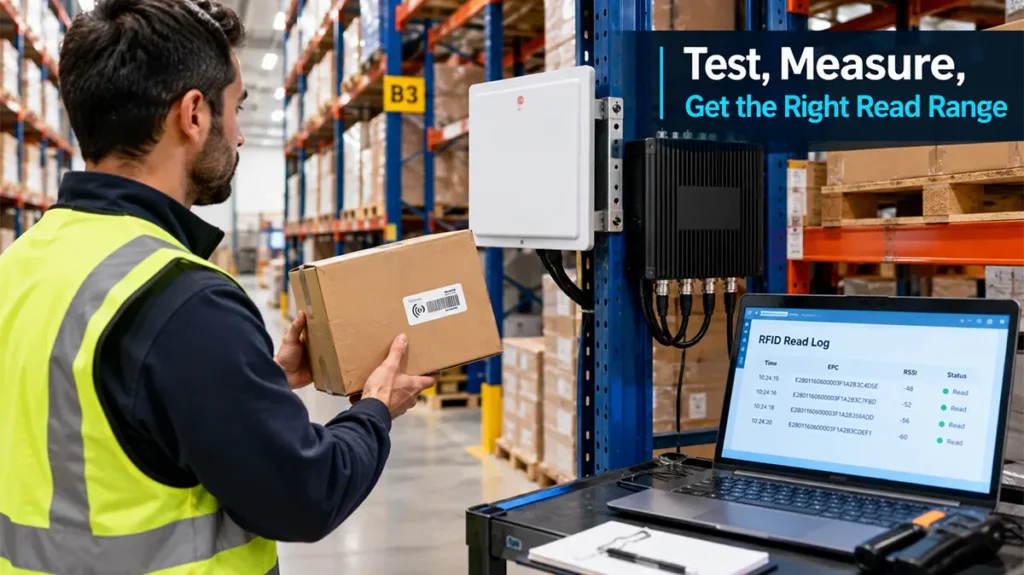 A warehouse technician tests RFID performance by holding a tagged carton at different distances from a mounted fixed RFID reader and antenna. A nearby laptop displays a simple RFID read log, with warehouse shelving in the background and natural industrial lighting.